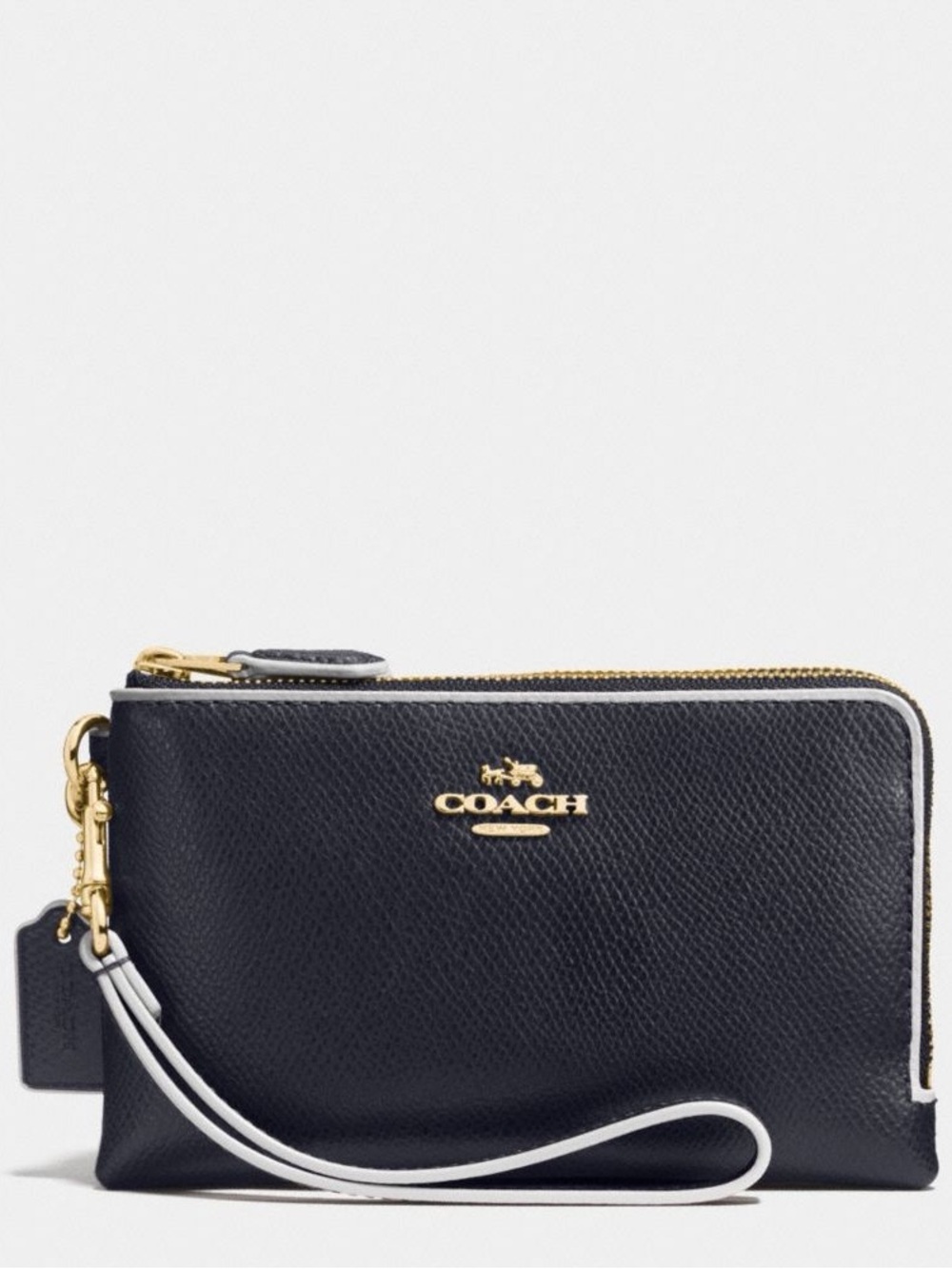 Coach Double Corner Zip Wristlet in Edgepaint Crossgrain Leather: Midnight/Chalk